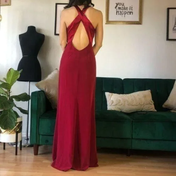 Burgundy Night Gown ft Low Back & Slit Prom Dress Wedding Guest Bridesmaid - Picture 5 of 5